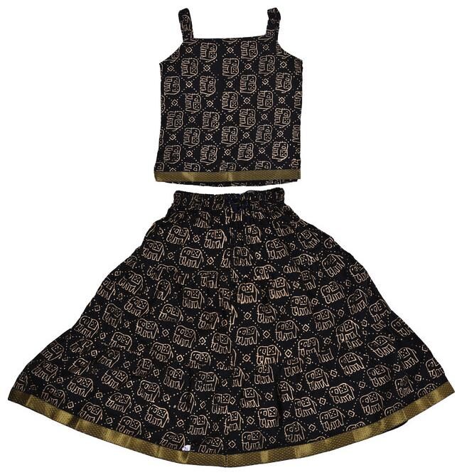 

PK Hub Girl s Rayon Printed Sleeveless Lehenga choli - Black