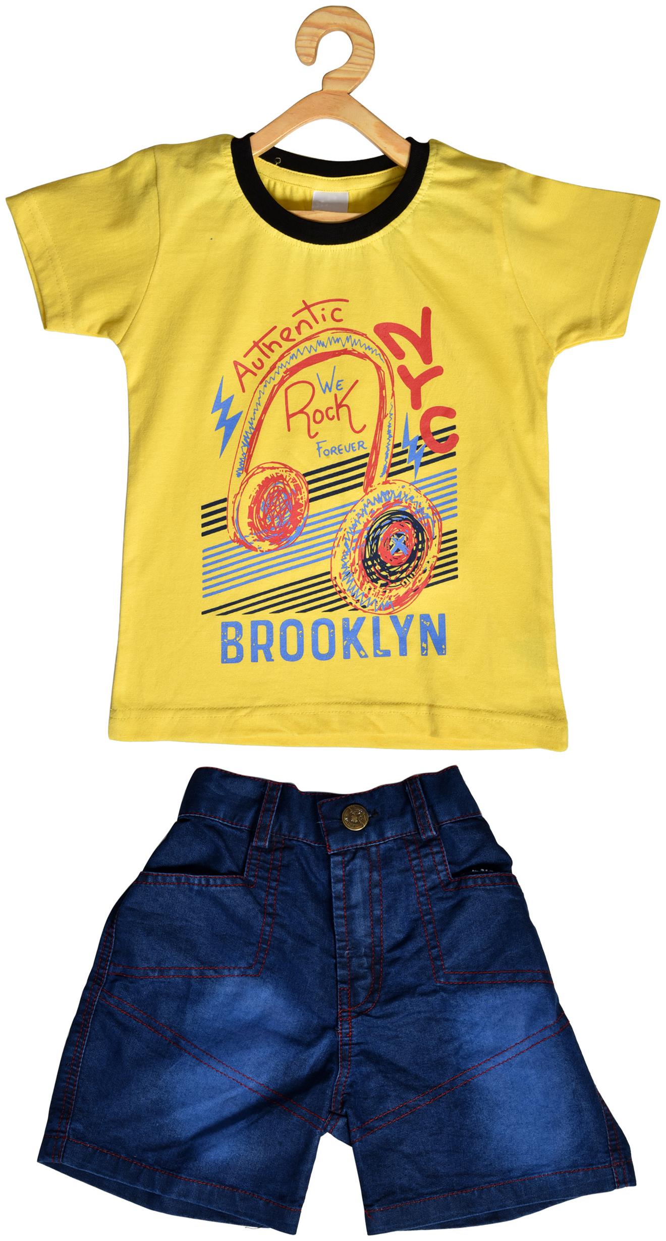 

POMY JINNY Cotton Printed Top Bottom Set - Yellow Blue