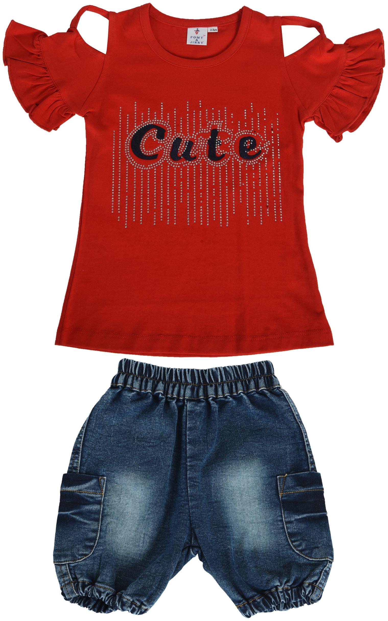 

POMY JINNY Girl Cotton Top Bottom Set - Red Blue