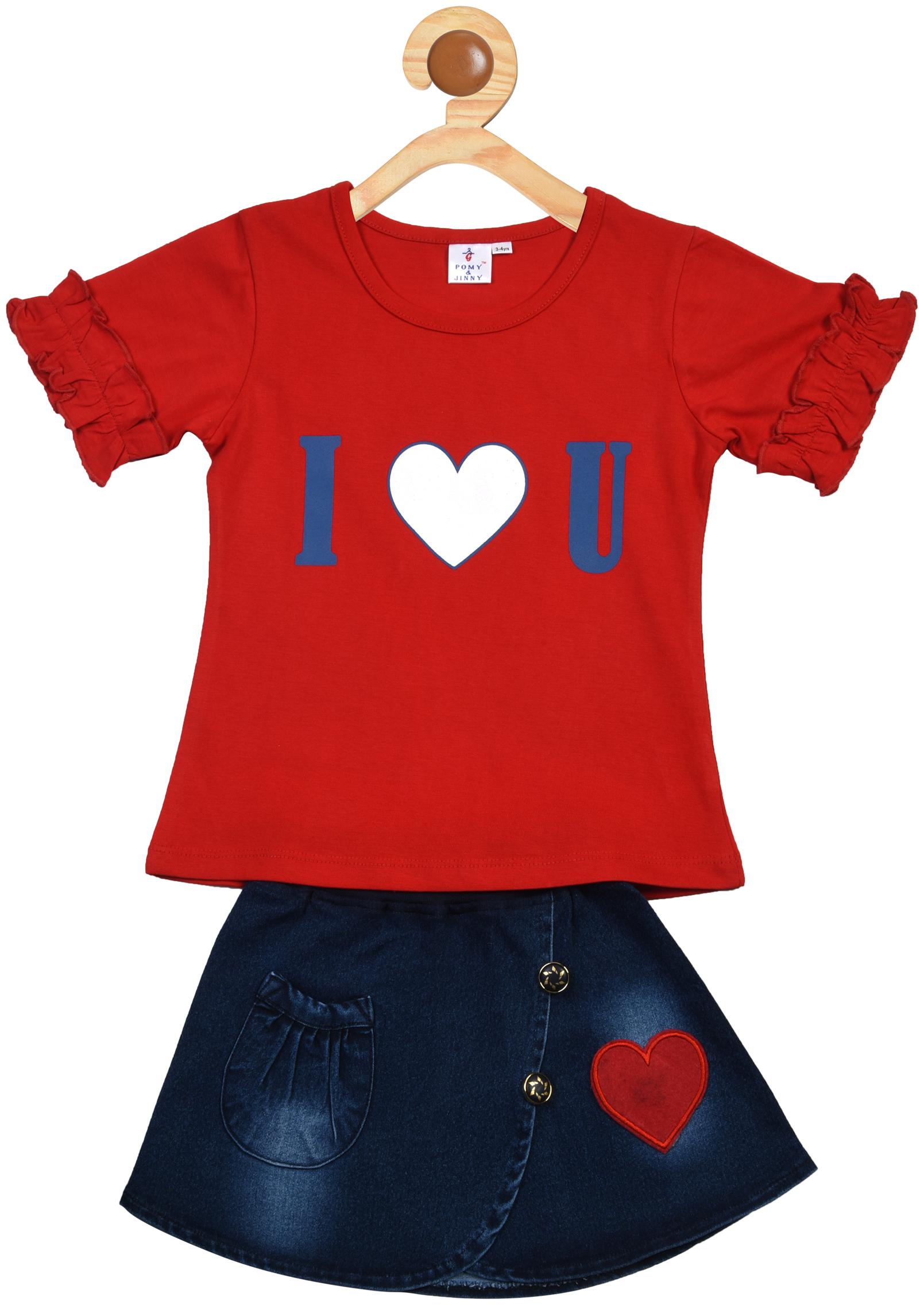 

POMY JINNY Girl Cotton Top Bottom Set - Red Blue