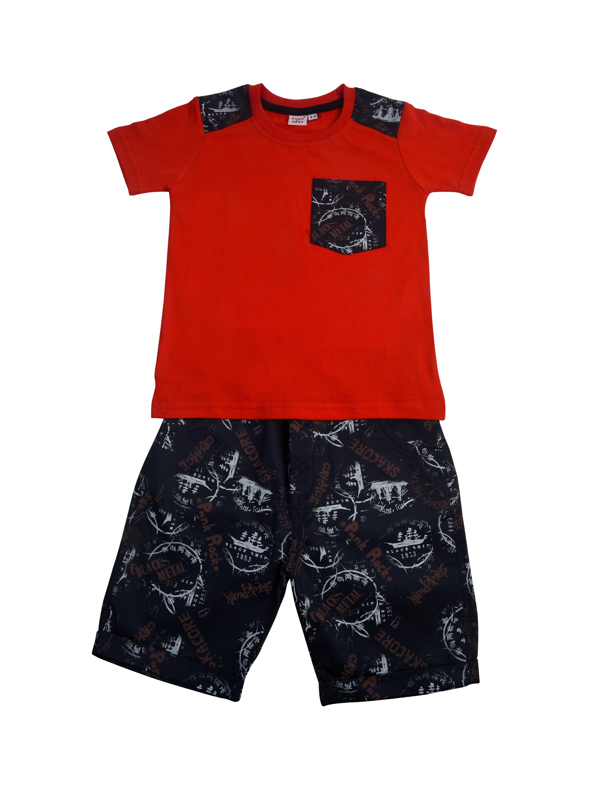 

POMY JINNY Cotton Printed Top Bottom Set - Red Black