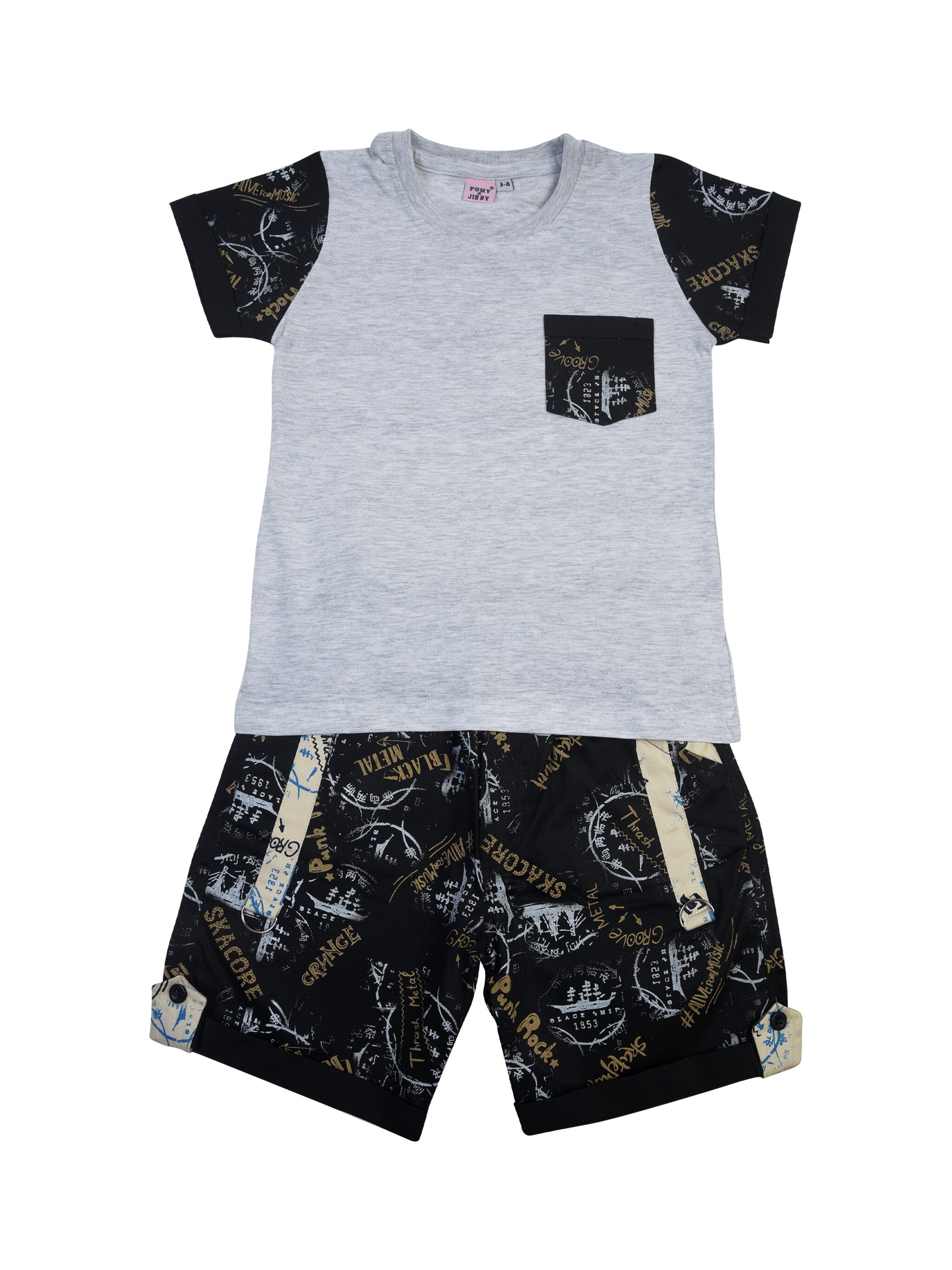 

POMY JINNY Cotton Printed Top Bottom Set - White Black