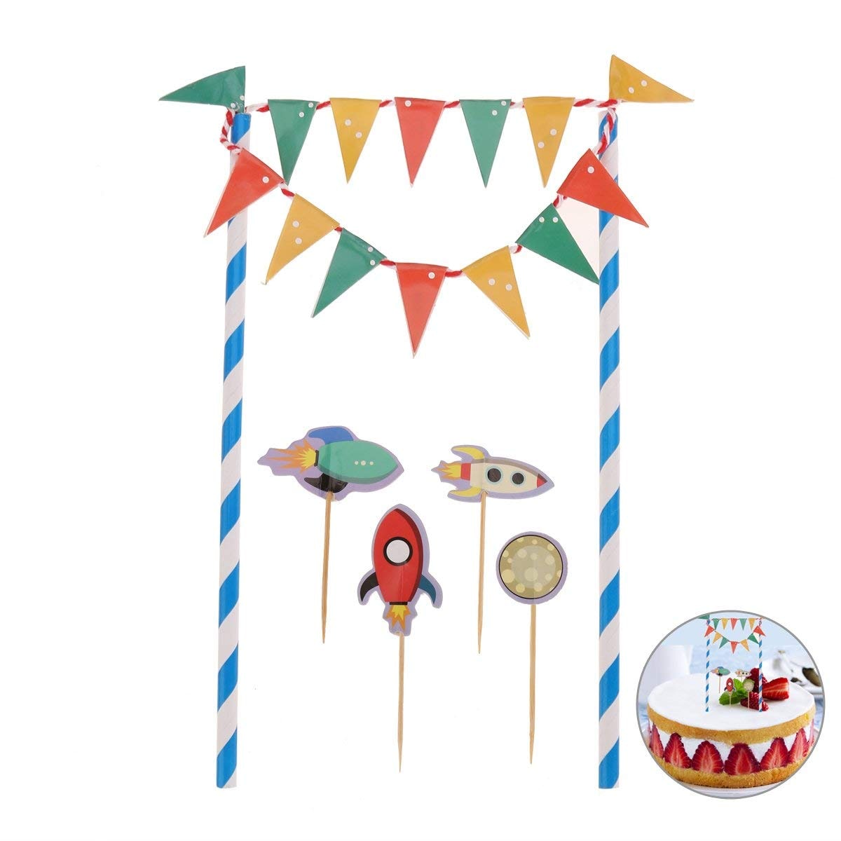 

Pop the Party Cake Topper Cute Rocket Toppers Picks Flag Banner Happy Birthday Party Baby Shower Decorations