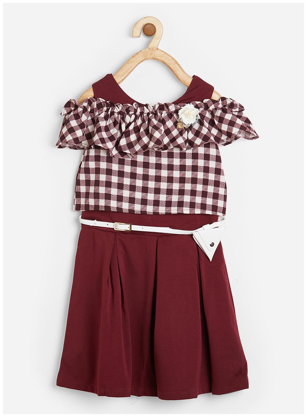 

Powderfly Girl s Cotton Maroon Check Print Round Neck Dress
