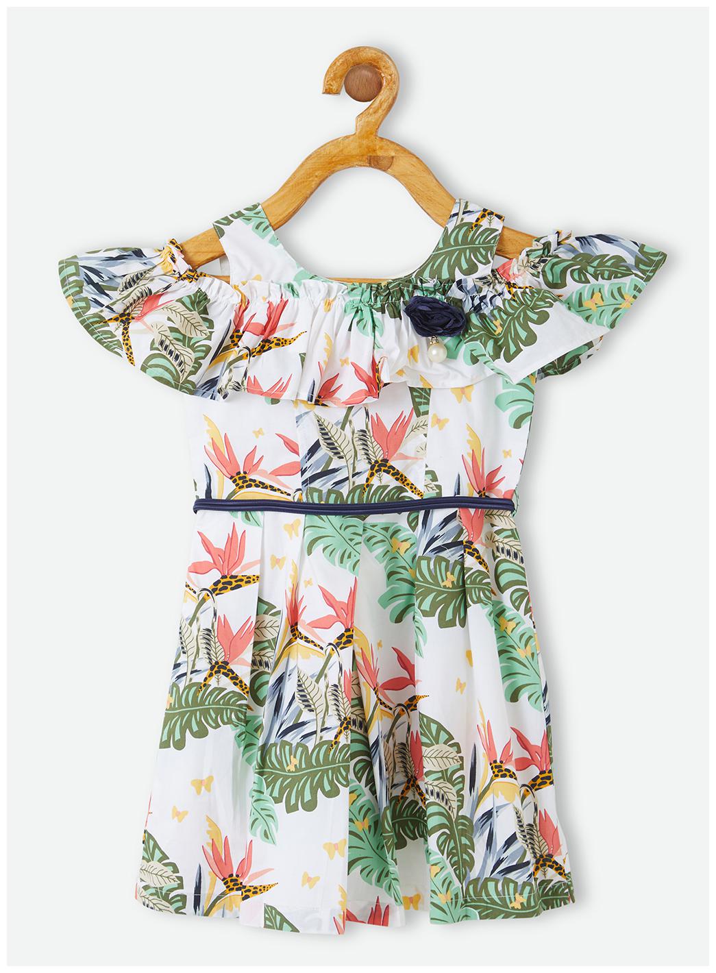 

Powderfly Girl s Cotton White Round Neck Printed Dress