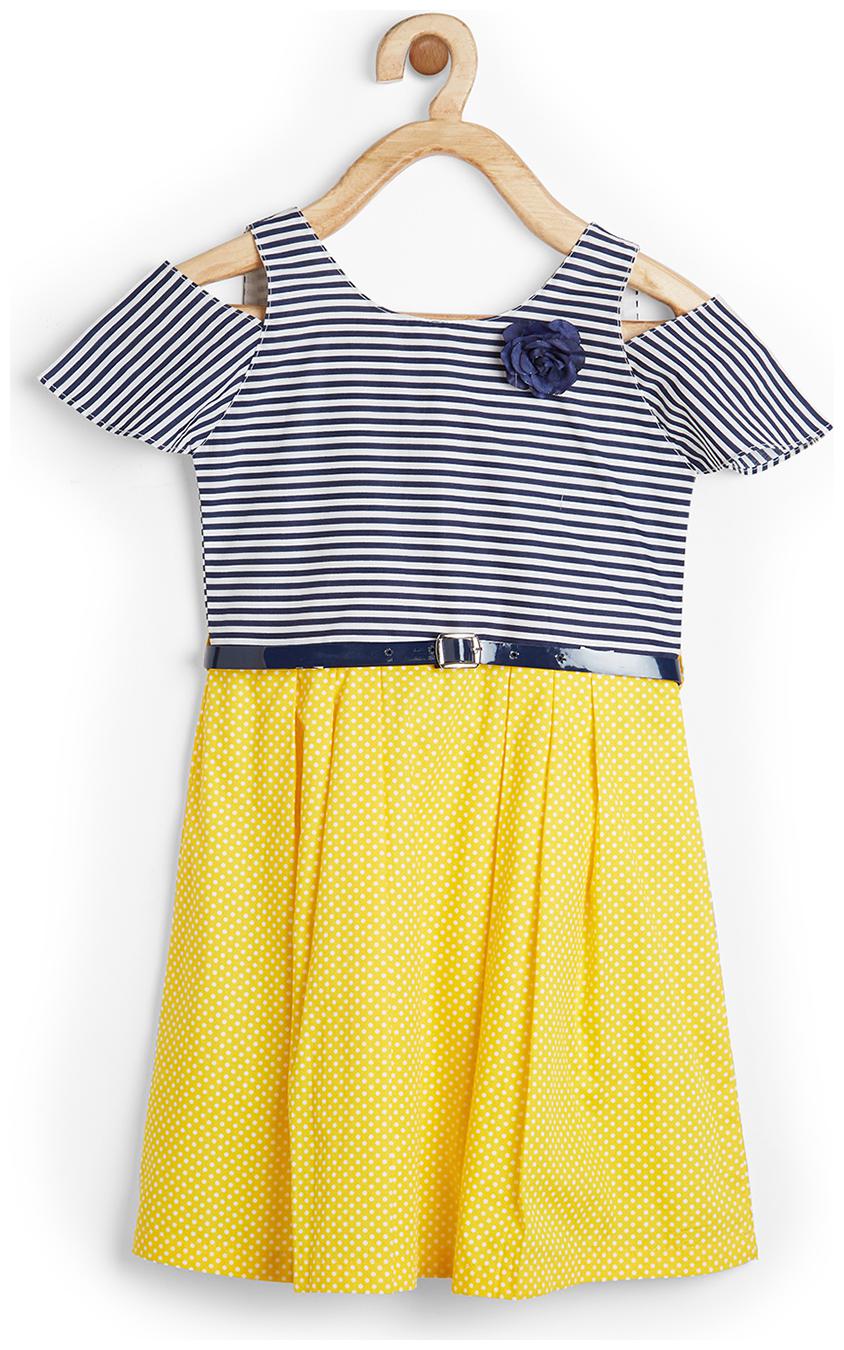 

Powderfly Girl s Cotton Yellow Stripe Print Round Neck Dress