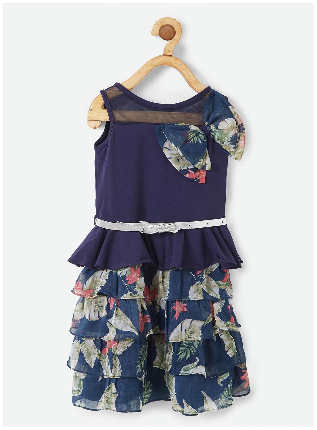 

Powderfly Girl s Linen Blue Floral Print Round Neck Dress