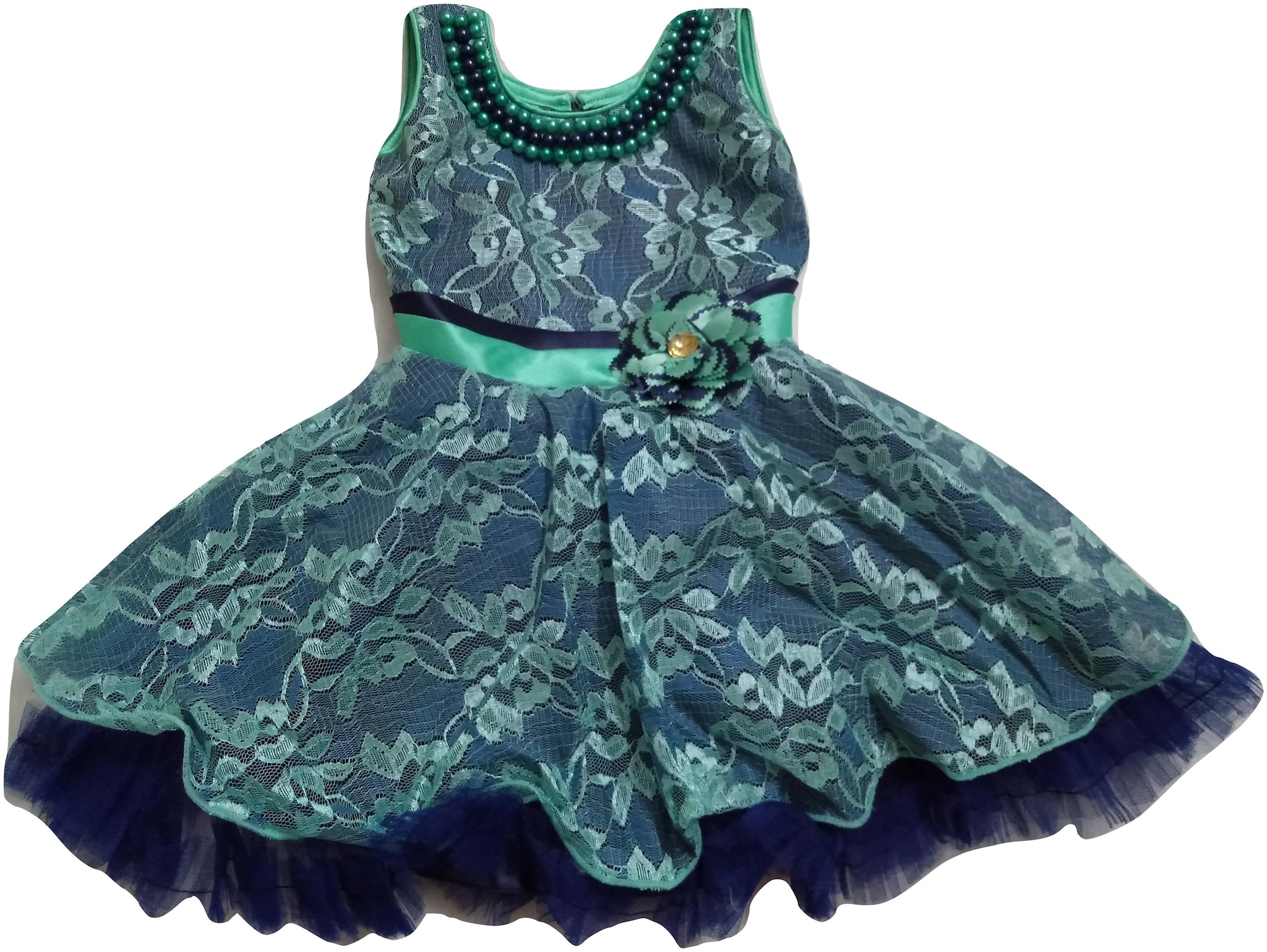 

Pratishtha Creations Baby girl Net Self design Princess frock - Green Blue