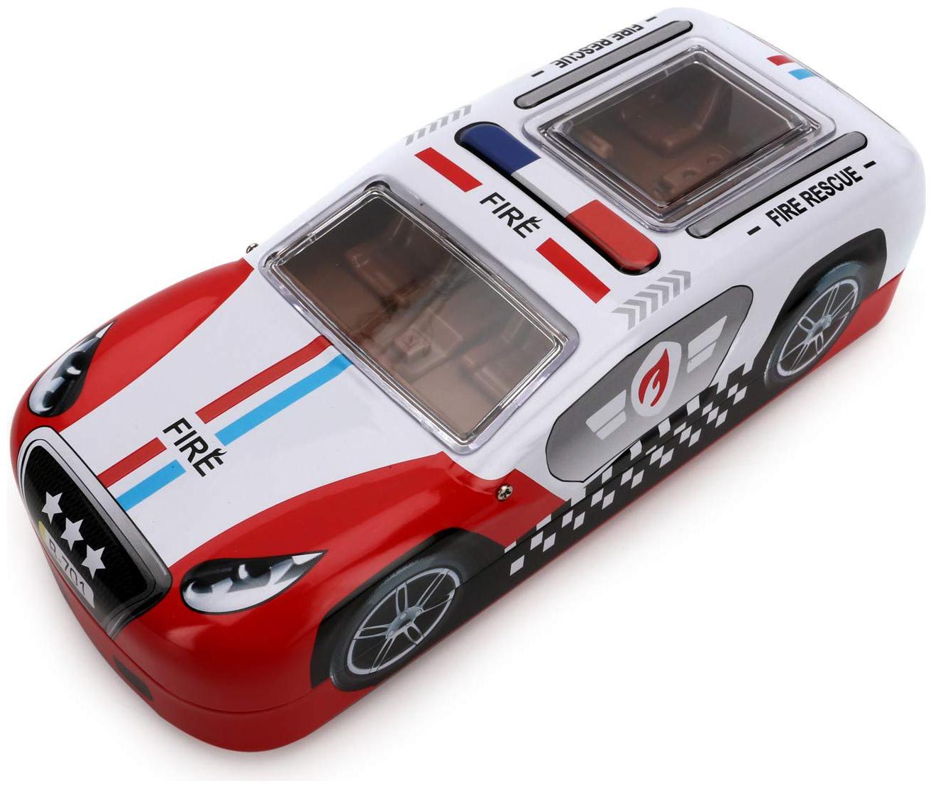 

QIPS Multi Layer Police Car Shaped Metal Pencil Box with Wheels Red New