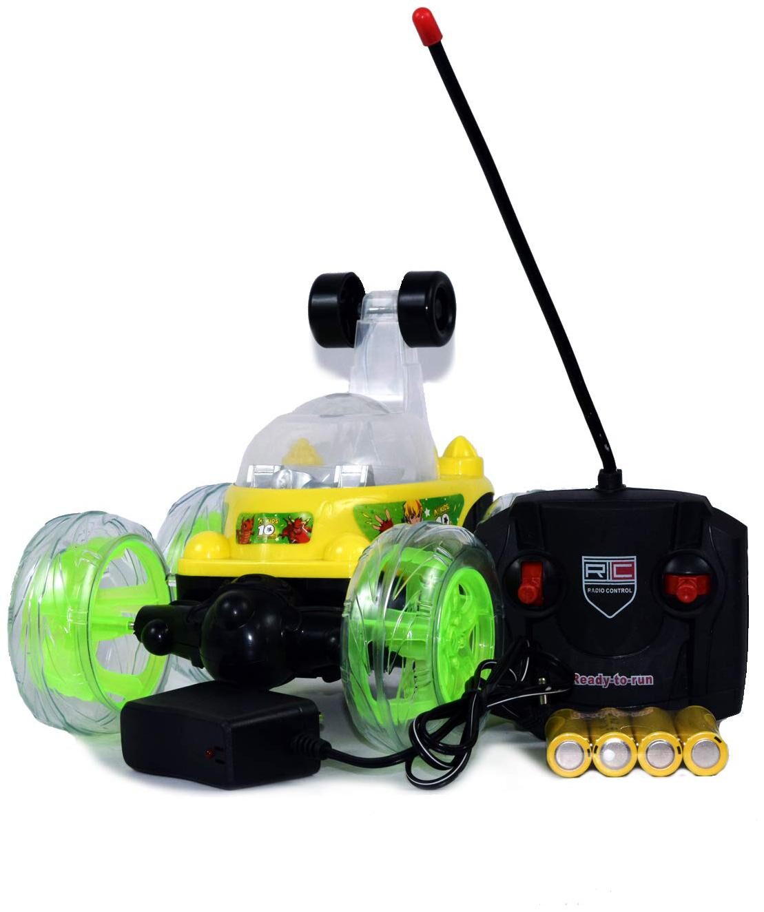 

RC Full Function Radio Remote Control Toy 360 deg Rotating Stunt Car with Light Music and Rechargeable Batteries for Boys Kids (Yellow)