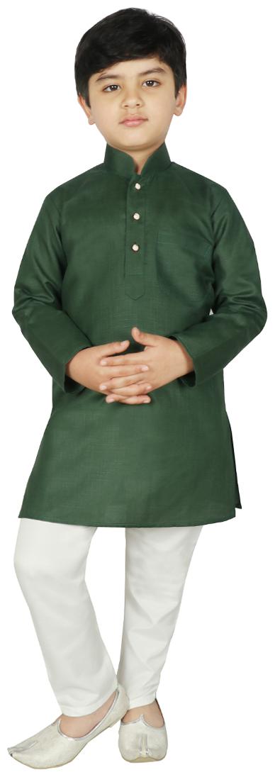 

SG YUVRAJ Boy Art silk Solid Kurta pyjama set - Green White
