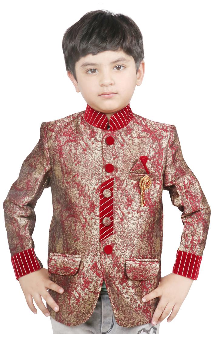

SG YUVRAJ Boy Jute silk Printed Ethnic jacket - Maroon Grey
