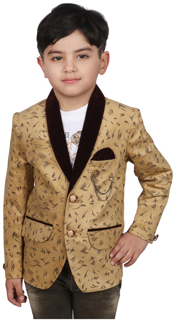 

SG YUVRAJ Boy Velvet Printed Ethnic jacket - Beige
