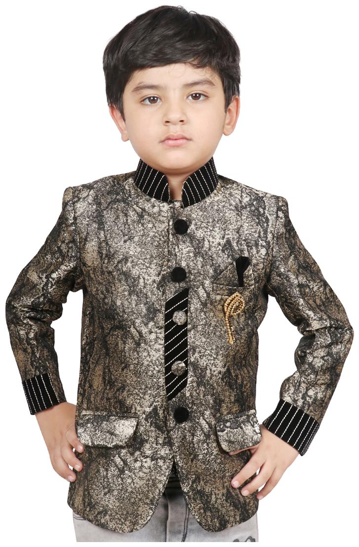 

SG YUVRAJ Boy Jute silk Printed Ethnic jacket - Black Grey