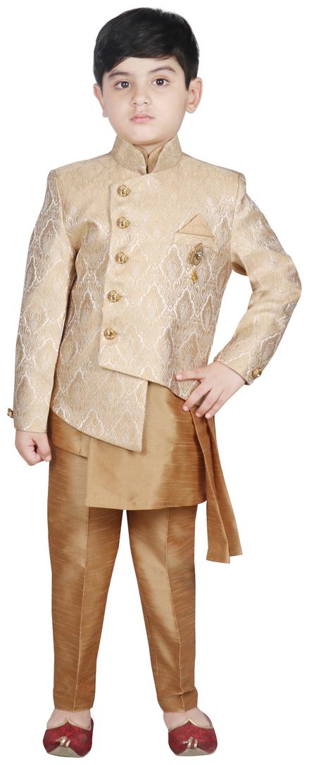 

SG YUVRAJ Boy Brocade Solid Kurta pyjama set - Beige