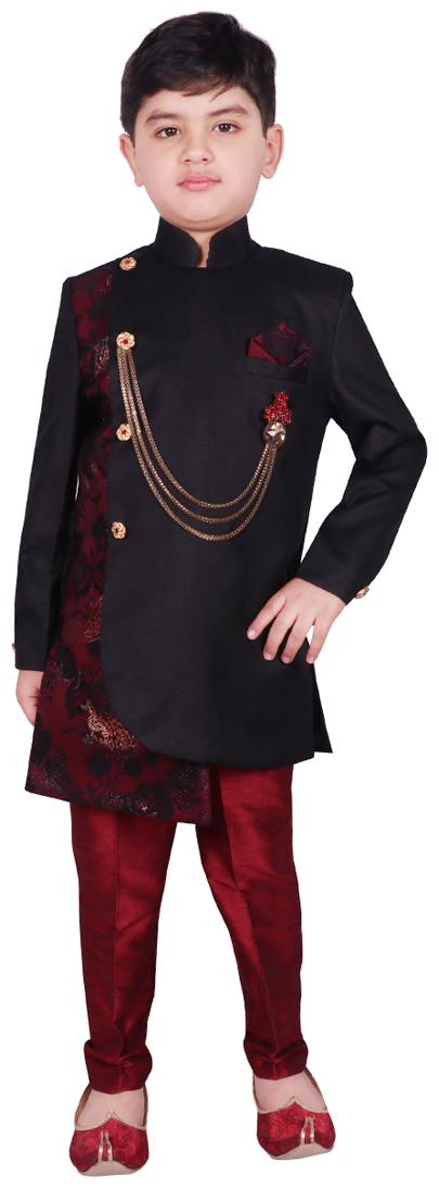 

SG YUVRAJ Boy Raw silk Floral Sherwani - Maroon Black