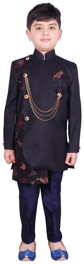 

SG YUVRAJ Boy Raw silk Floral Sherwani - Blue