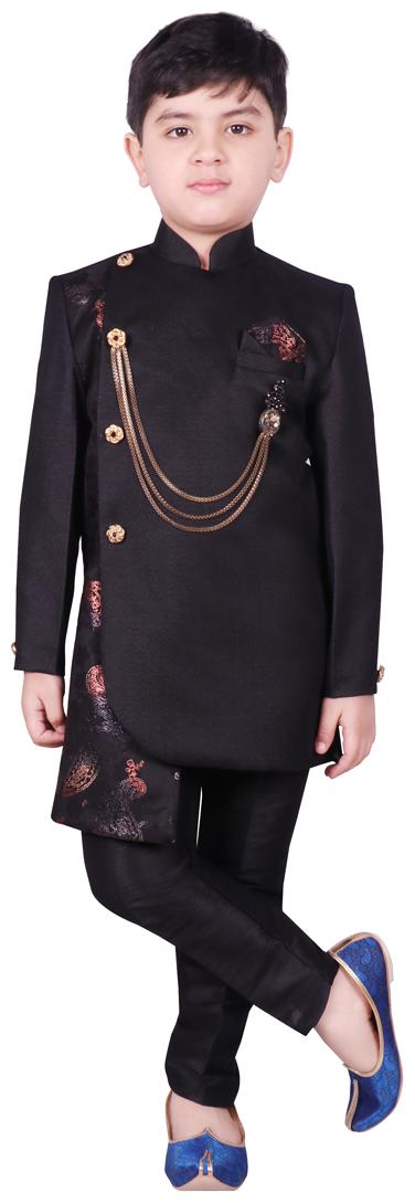 

SG YUVRAJ Boy Raw silk Floral Sherwani - Black
