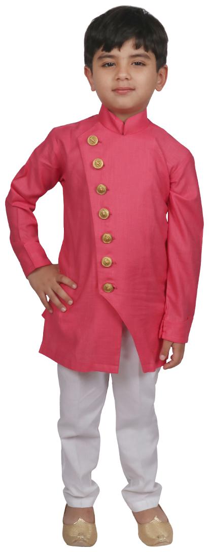 

SG YUVRAJ Boy Raw silk Solid Dhoti kurta - Pink