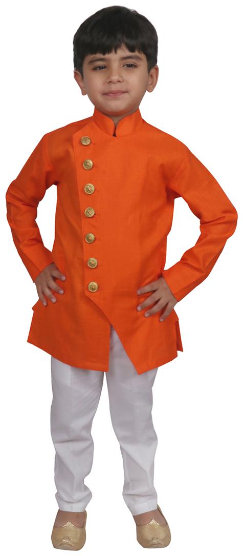 

SG YUVRAJ Boy Raw silk Solid Dhoti kurta - Orange
