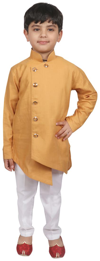 

SG YUVRAJ Boy Raw silk Solid Dhoti kurta - Gold