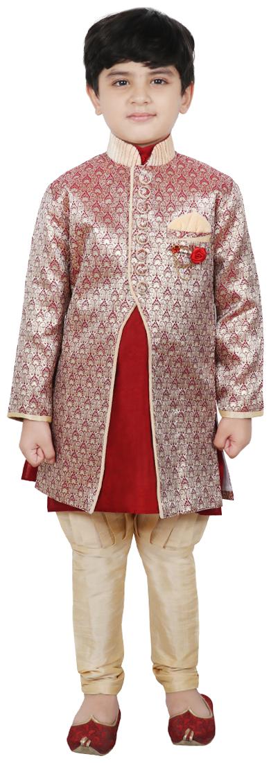 

SG YUVRAJ Boy Cotton Printed Kurta pyjama set - Gold Maroon