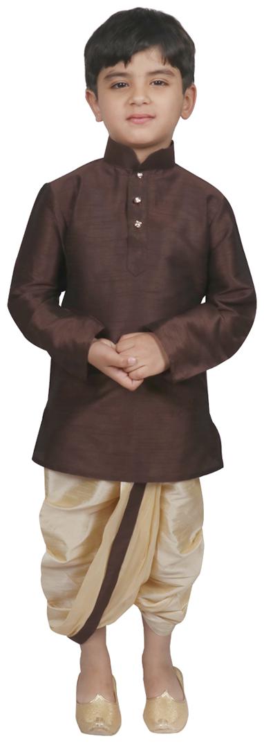 

SG YUVRAJ Boy Raw silk Solid Dhoti kurta - Brown