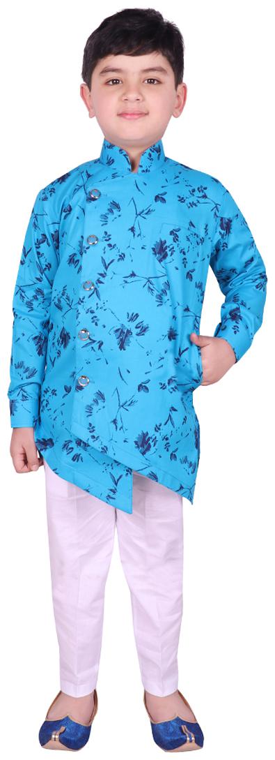 

SG YUVRAJ Boy Cotton Floral Kurta pyjama set - Blue White