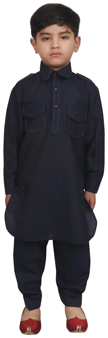 

SG YUVRAJ Boy Cotton blend Solid Kurta pyjama set - Blue
