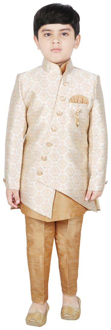 

SG YUVRAJ Boy Art silk Printed Kurta pyjama set - Cream Gold