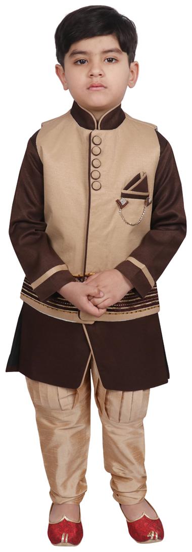 

SG YUVRAJ Boy Art silk Printed Kurta pyjama set - Brown