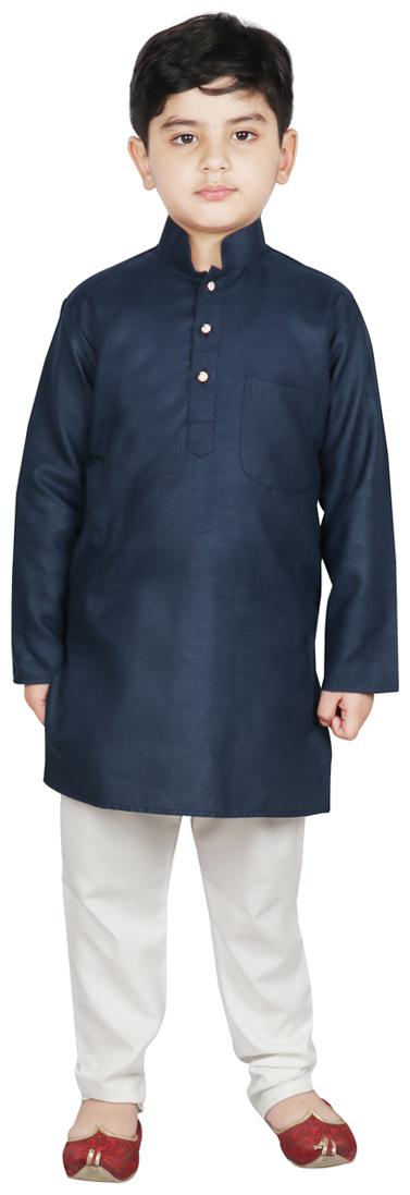 

SG YUVRAJ Boy Raw silk Solid Kurta pyjama set - Blue White