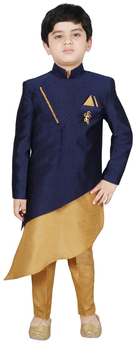 

SG YUVRAJ Boy Raw silk Solid Kurta pyjama set - Blue Beige