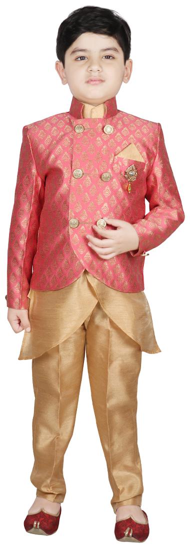 

SG YUVRAJ Boy Brocade Printed Kurta pyjama set - Pink Beige
