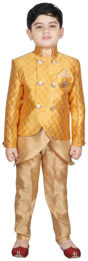 

SG YUVRAJ Boy Brocade Printed Kurta pyjama set - Yellow Beige