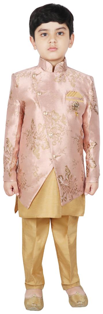

SG YUVRAJ Boy Brocade Floral Kurta pyjama set - Beige Gold