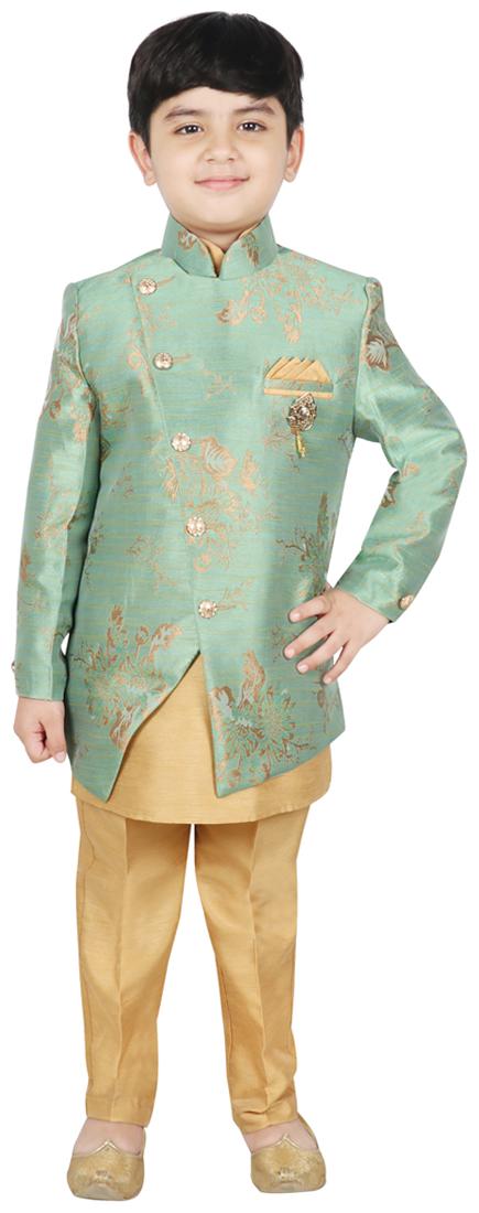 

SG YUVRAJ Boy Brocade Floral Kurta pyjama set - Green Gold