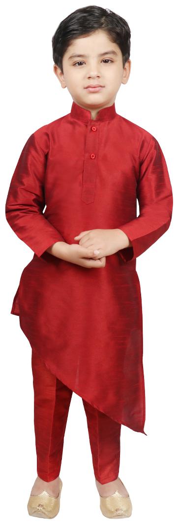 

SG YUVRAJ Boy Raw silk Solid Kurta pyjama set - Maroon