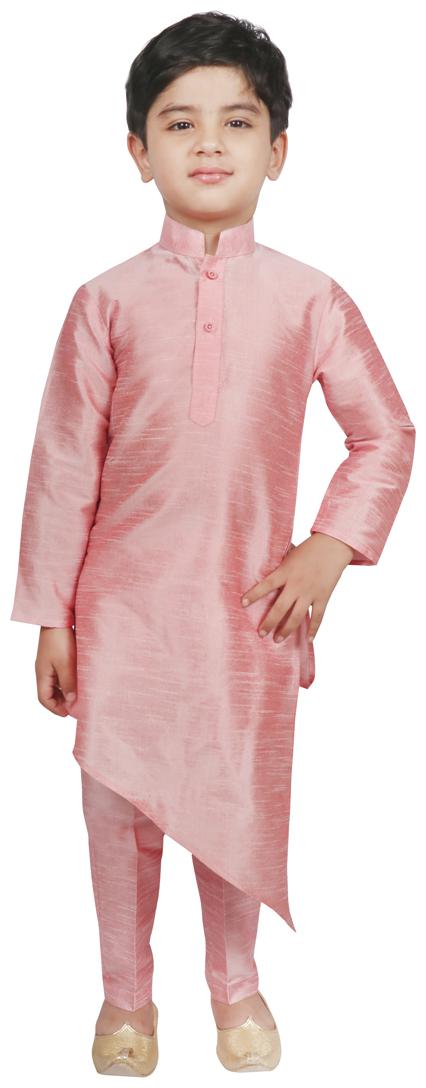 

SG YUVRAJ Boy Raw silk Solid Kurta pyjama set - Pink