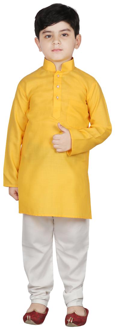 

SG YUVRAJ Boy Raw silk Solid Kurta pyjama set - Yellow White