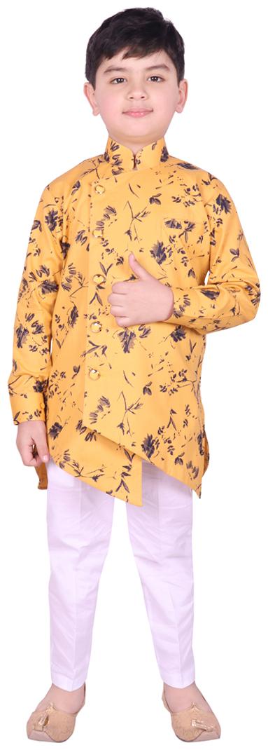 

SG YUVRAJ Boy Cotton Floral Kurta pyjama set - Yellow White