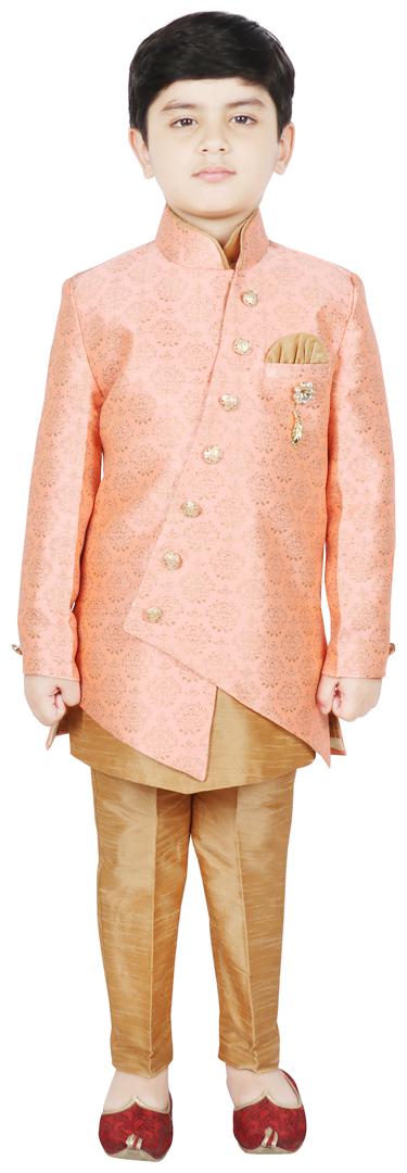

SG YUVRAJ Boy Art silk Printed Kurta pyjama set - Orange Gold