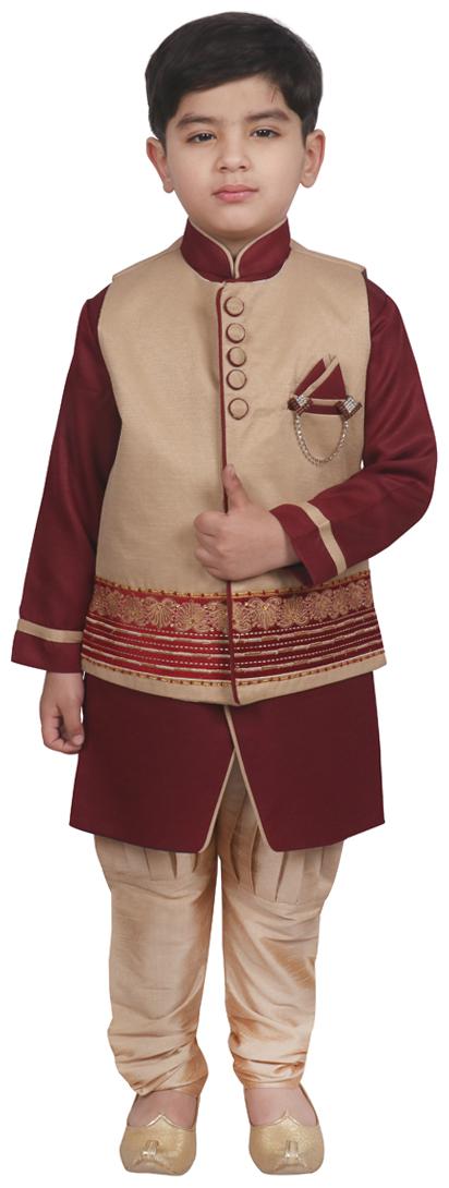 

SG YUVRAJ Boy Art silk Printed Kurta pyjama set - Maroon