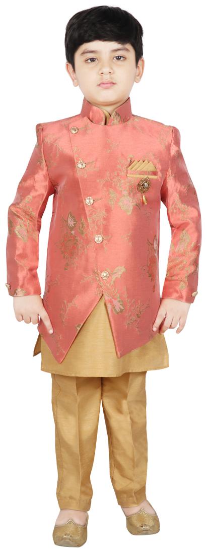 

SG YUVRAJ Boy Brocade Floral Kurta pyjama set - Orange Gold