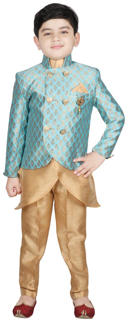 

SG YUVRAJ Boy Brocade Printed Kurta pyjama set - Blue Beige