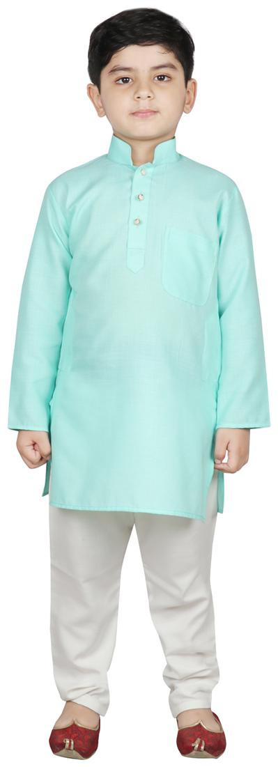 

SG YUVRAJ Boy Raw silk Solid Kurta pyjama set - Green White