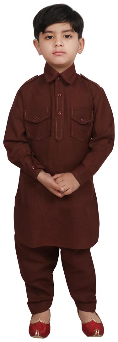 

SG YUVRAJ Boy Cotton Solid Kurta pyjama set - Brown