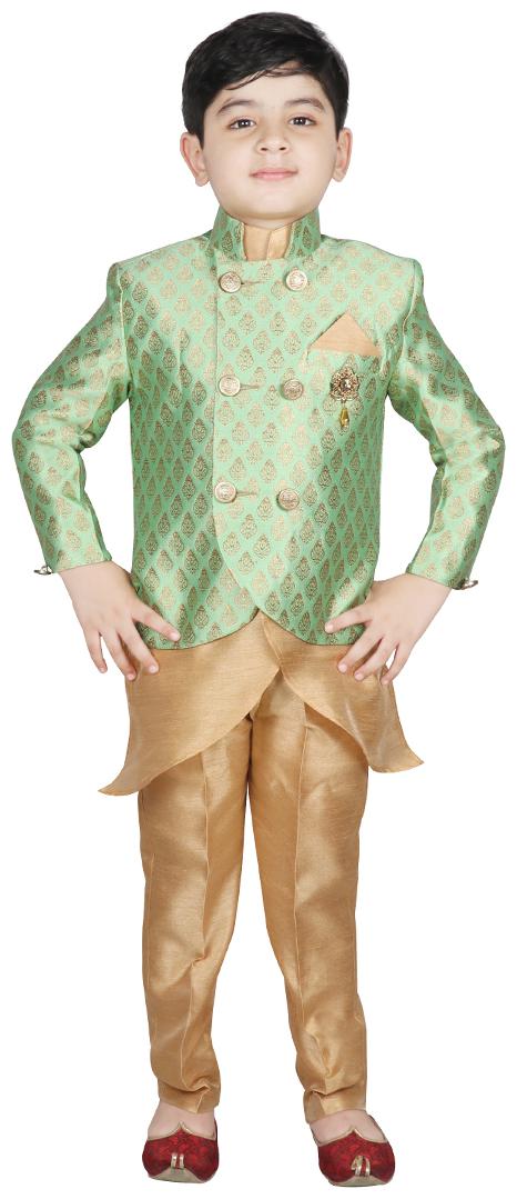 

SG YUVRAJ Boy Brocade Printed Kurta pyjama set - Green Beige