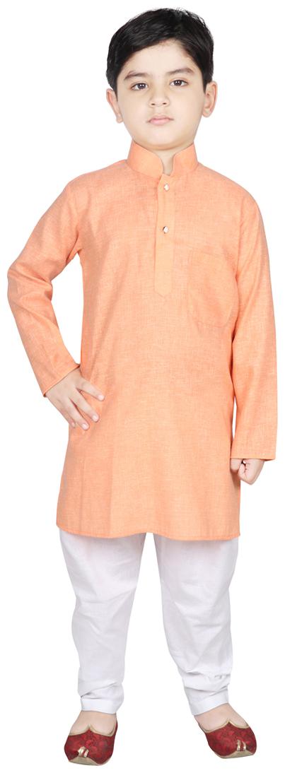 

SG YUVRAJ Boy Raw silk Solid Kurta pyjama set - Orange White