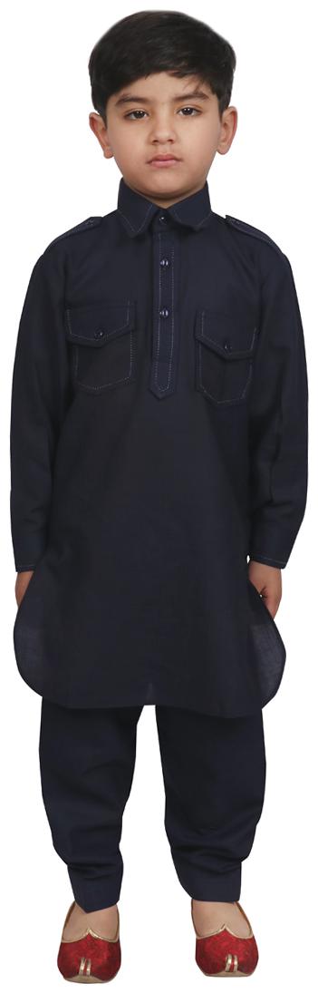 

SG YUVRAJ Boy Cotton Solid Kurta pyjama set - Blue